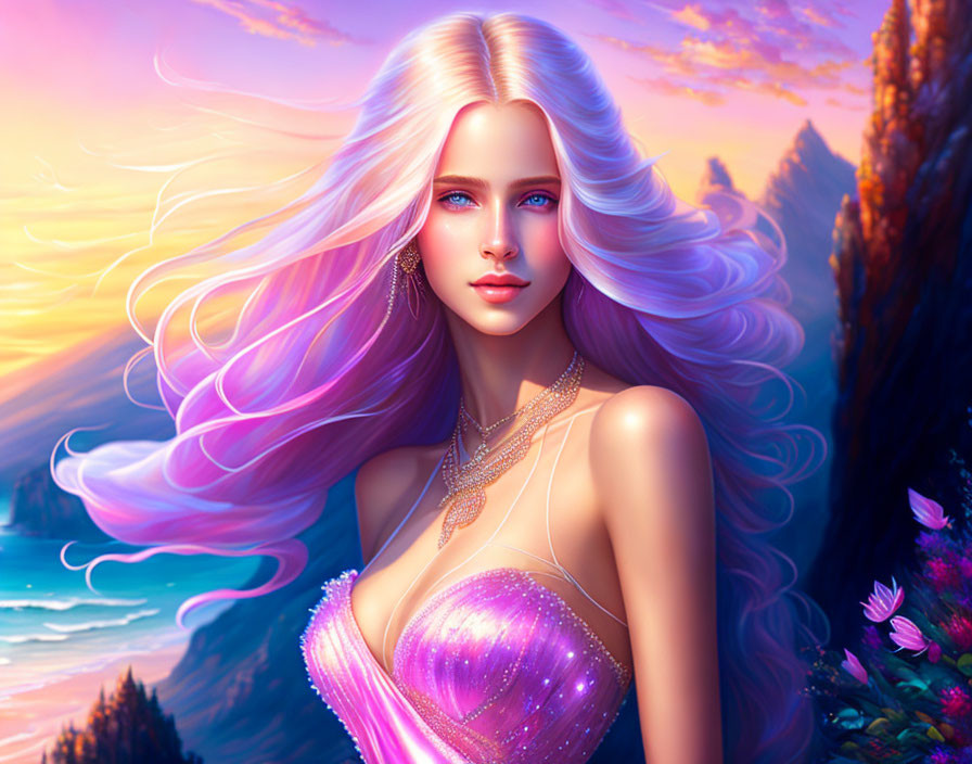 Colorful woman with multicolored hair in pink dress against sunset landscape