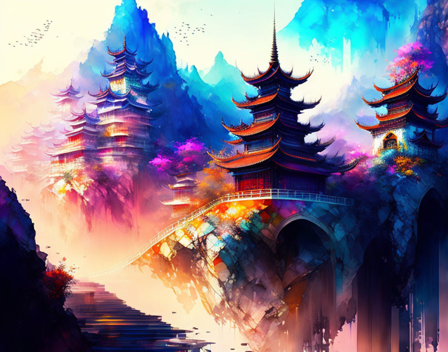 Fantastical Asian landscape with colorful trees and pagodas