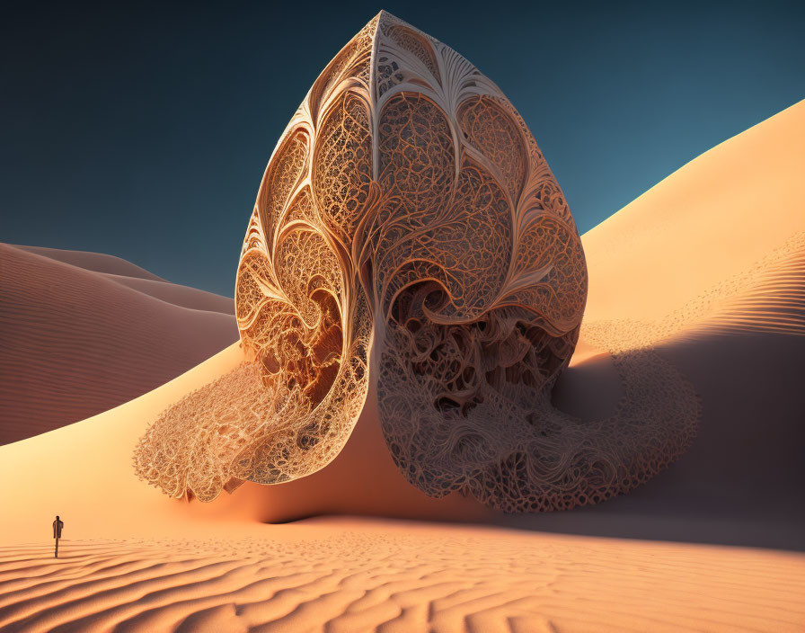 Intricate carved skull in desert sand dunes