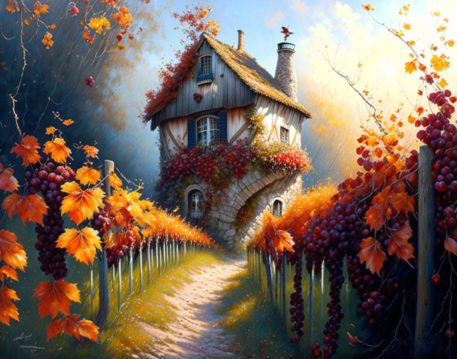 Whimsical painting of cozy two-story house in autumn setting