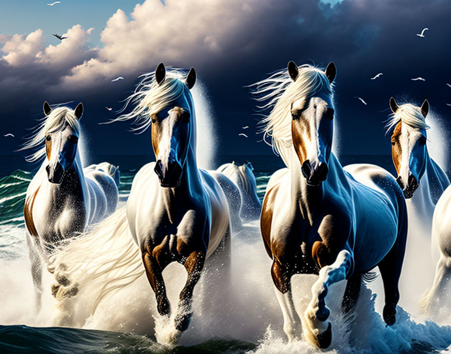 Three White Horses Galloping in Ocean with Dramatic Sky