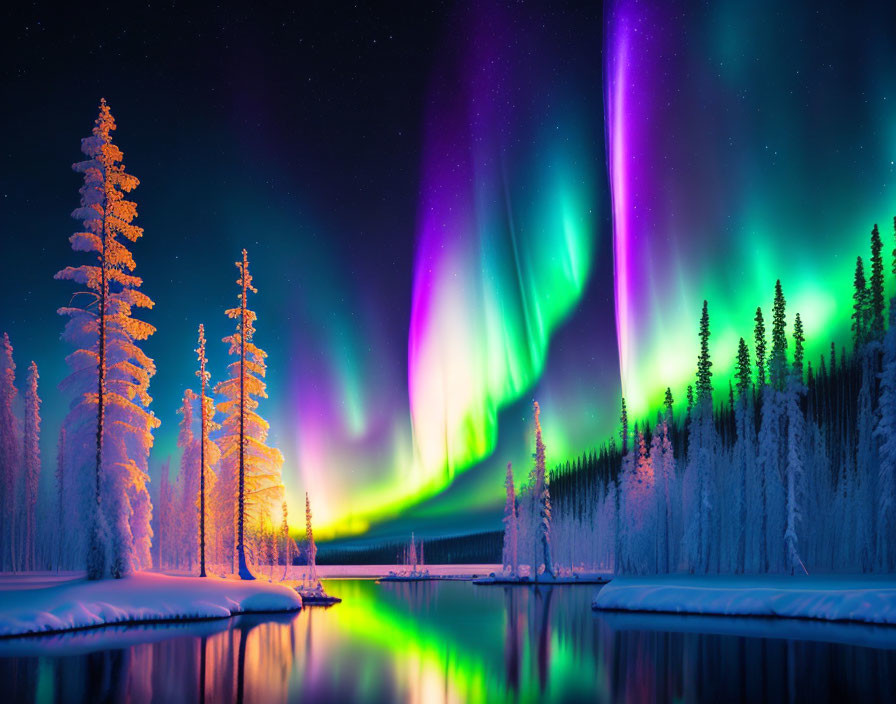 Colorful aurora borealis over snowy forest and river at night