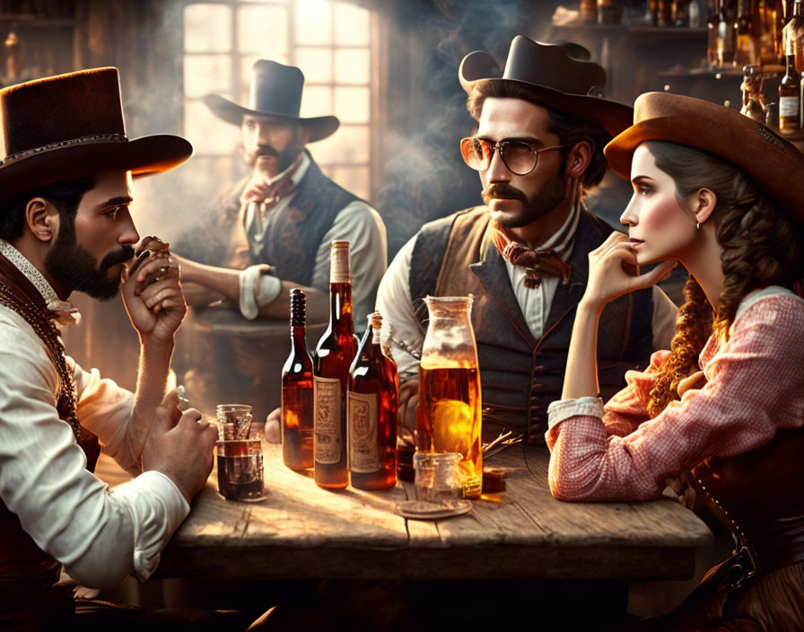 Four people in Western attire at a table with whiskey in a stylized image.