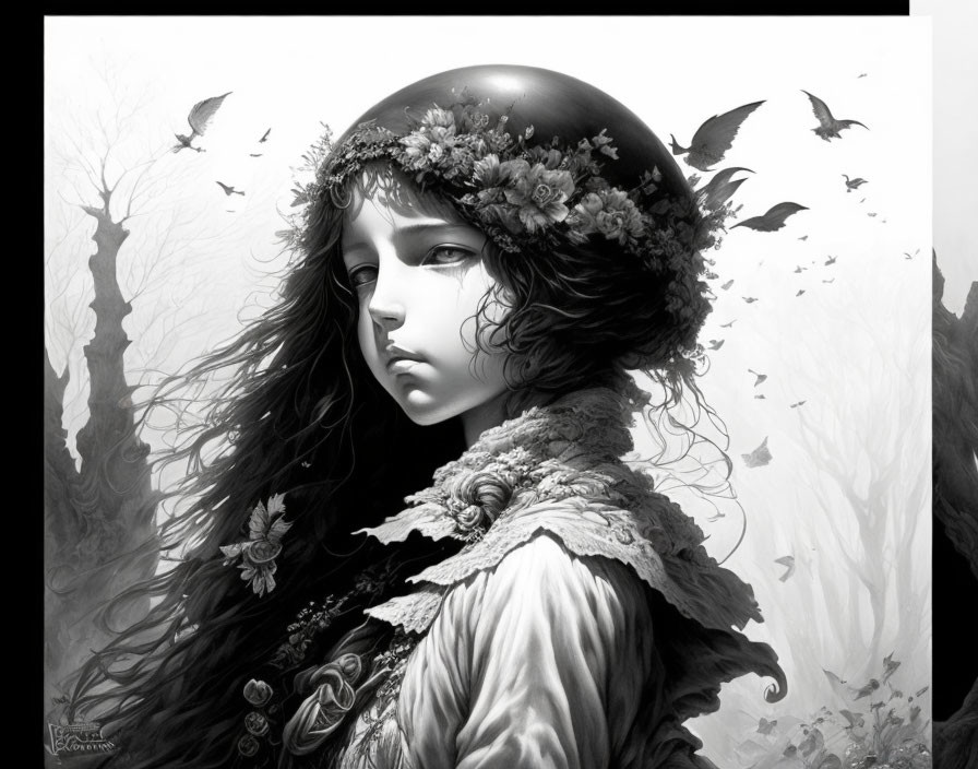 Monochrome illustration of young woman with floral wreath and reflective sphere, birds and forest.