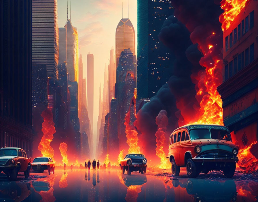 Dystopian cityscape with classic cars, flames, smoke, and crowd walking.