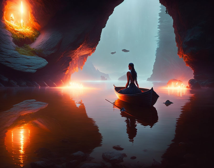 Boat in Tranquil Cave with Water Reflections