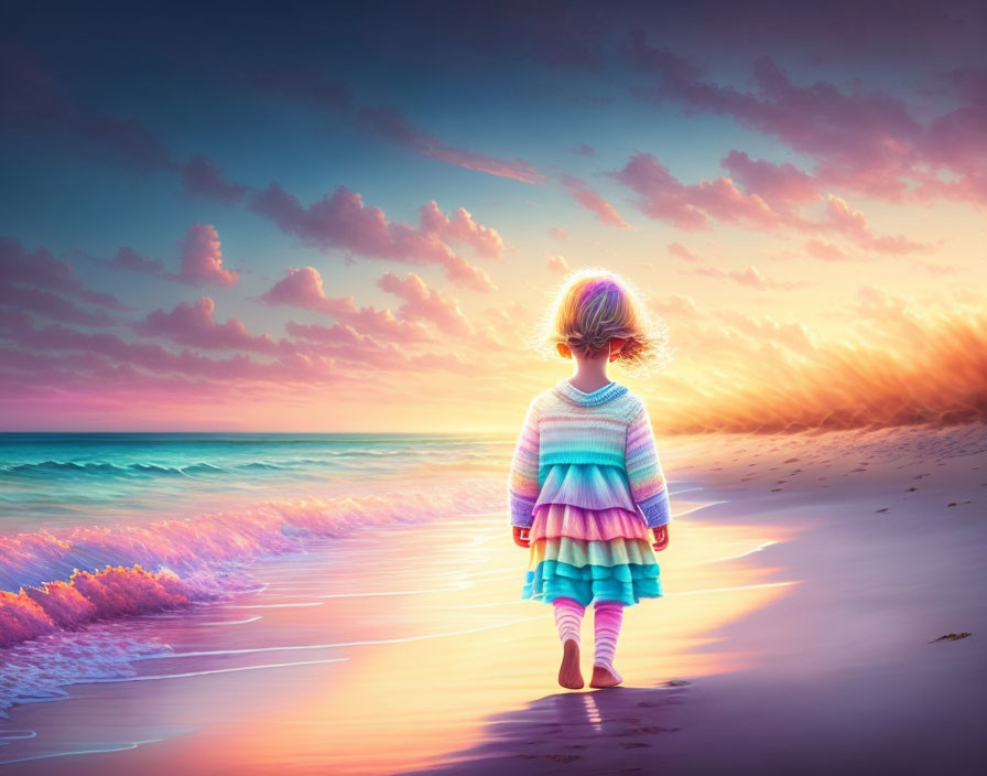 Child walking on beach at sunset with vibrant purple and pink sky.