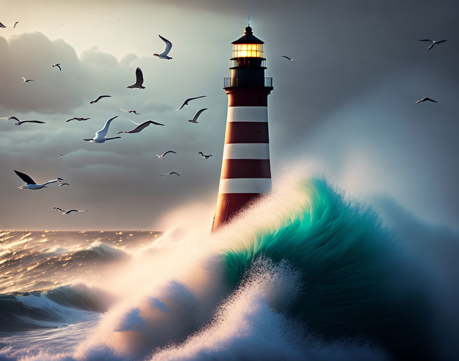 Striped lighthouse in dramatic sky with crashing waves and flying seagulls