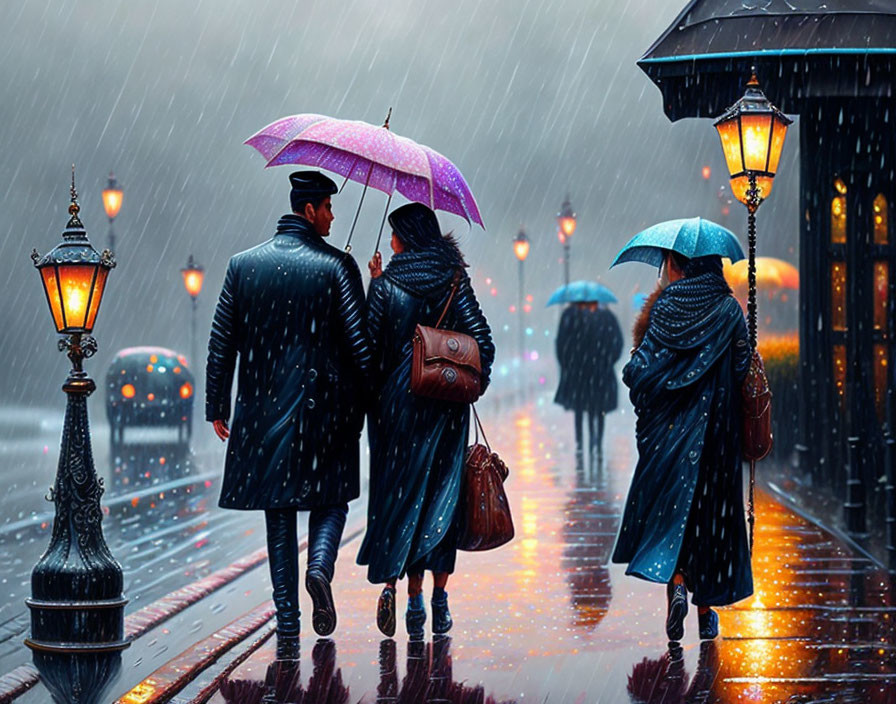 Two individuals walking under umbrellas in rain and snow on a twilight street.