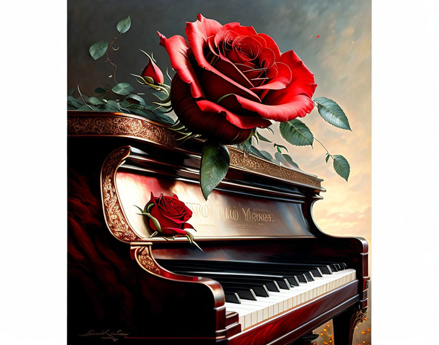 Grand Piano with Large Red Rose Against Dramatic Sky