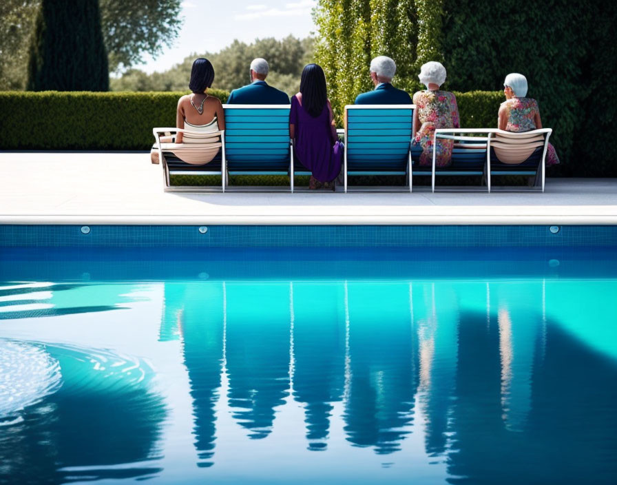 Five People Reflecting by Pool in Garden Setting