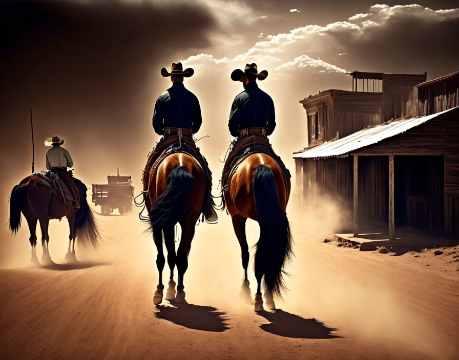 Three cowboys on horses in a vintage western town setting