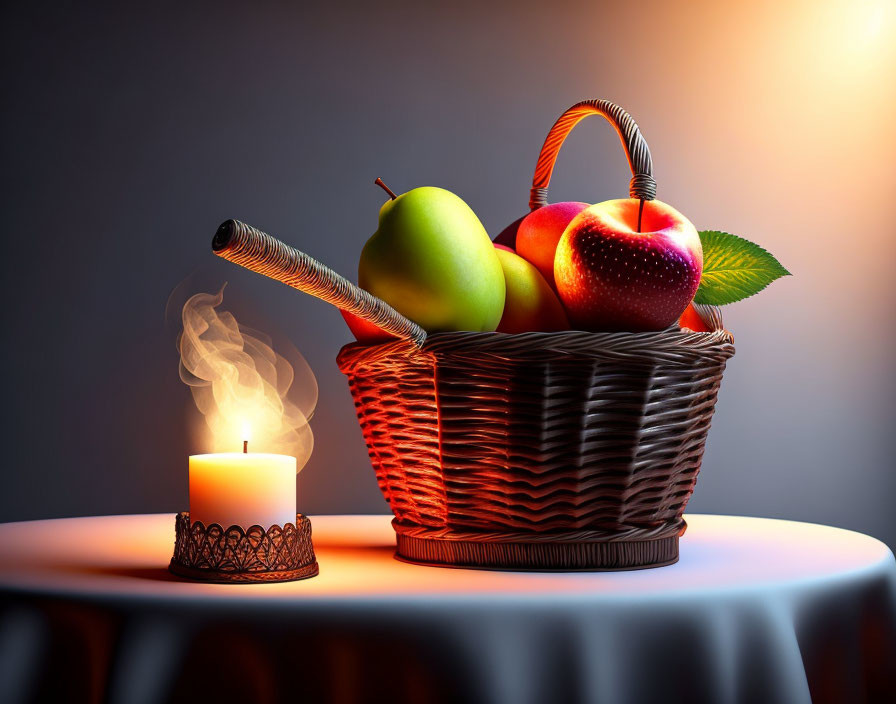 Colorful apples and pear in wicker basket with lit candle on table