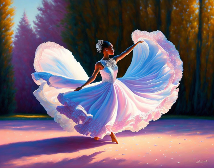 Ballerina in flowing white dress dancing in sunlit forest clearing