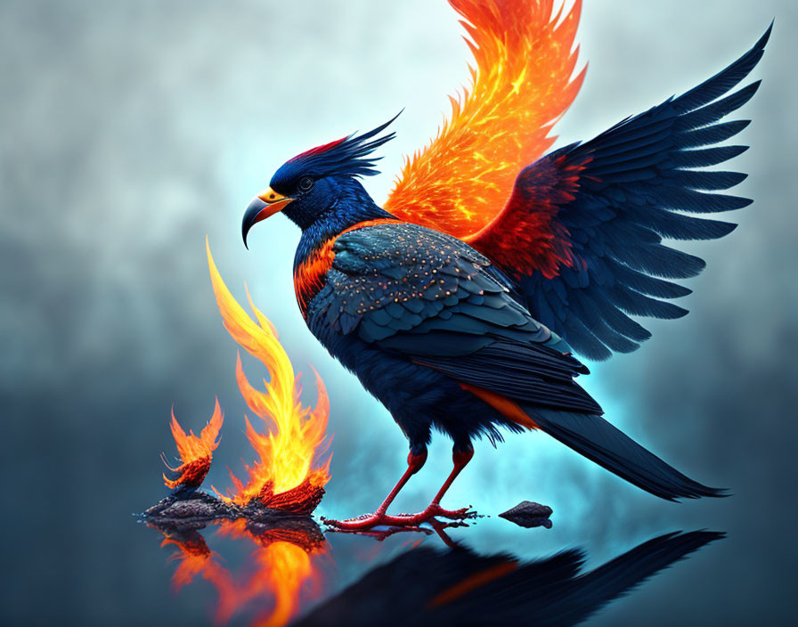 Vibrant blue and orange phoenix-like bird with spread wings and flames.