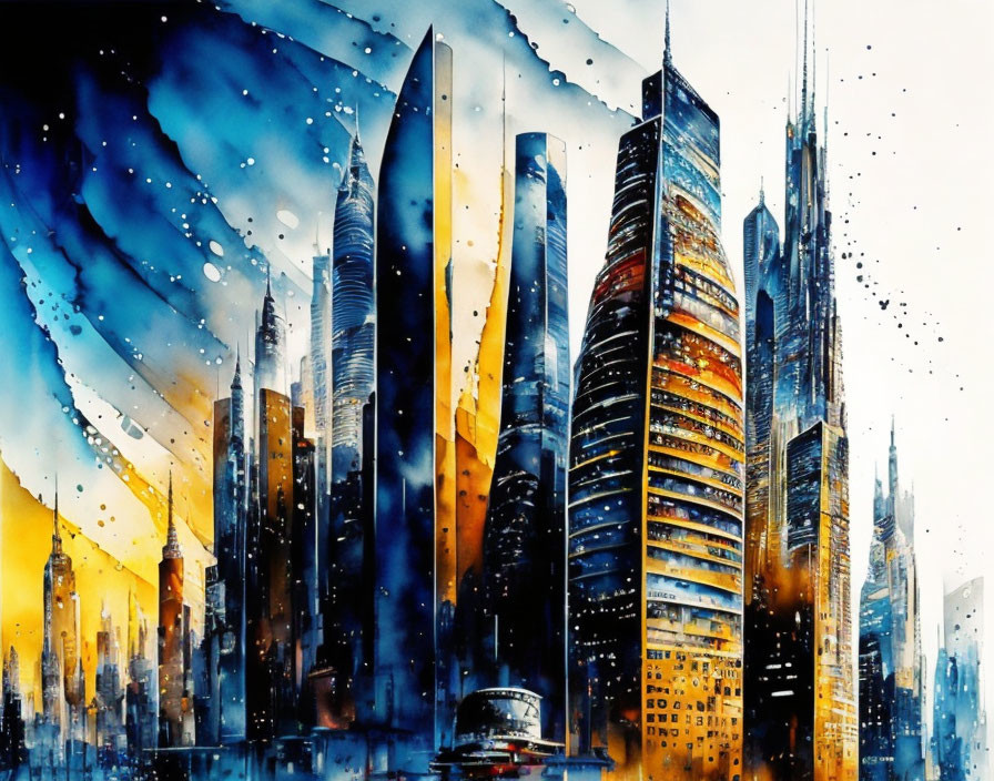 Colorful watercolor cityscape with skyscrapers under starry sky