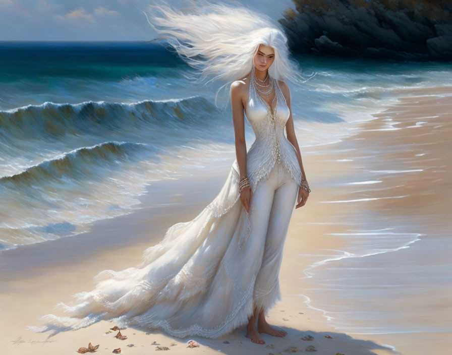 Woman with White Hair Stands on Beach with Waves