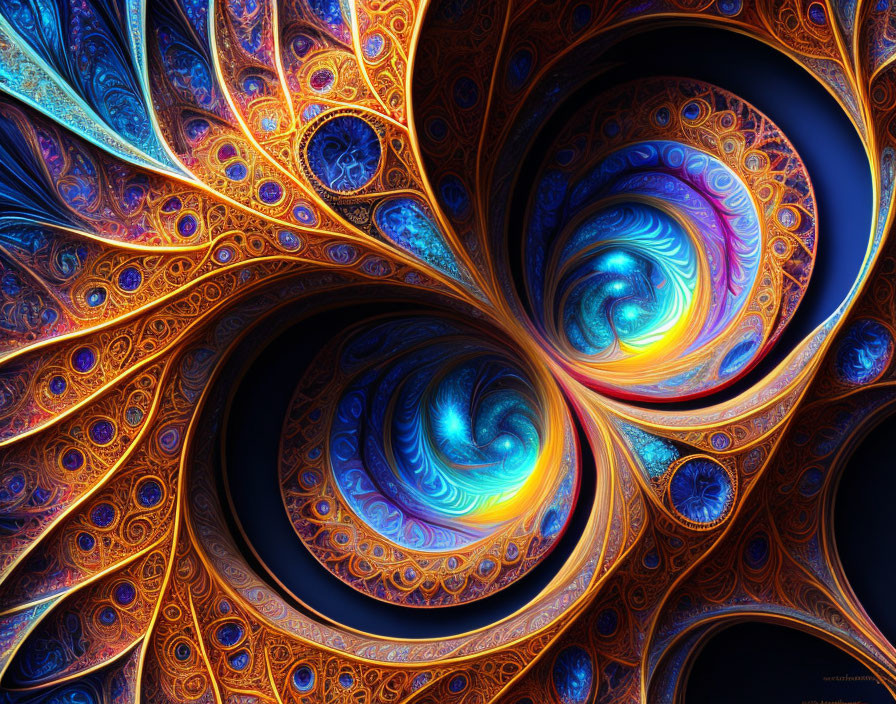 Colorful fractal art: Blue and orange swirling patterns like ornate peacock feathers