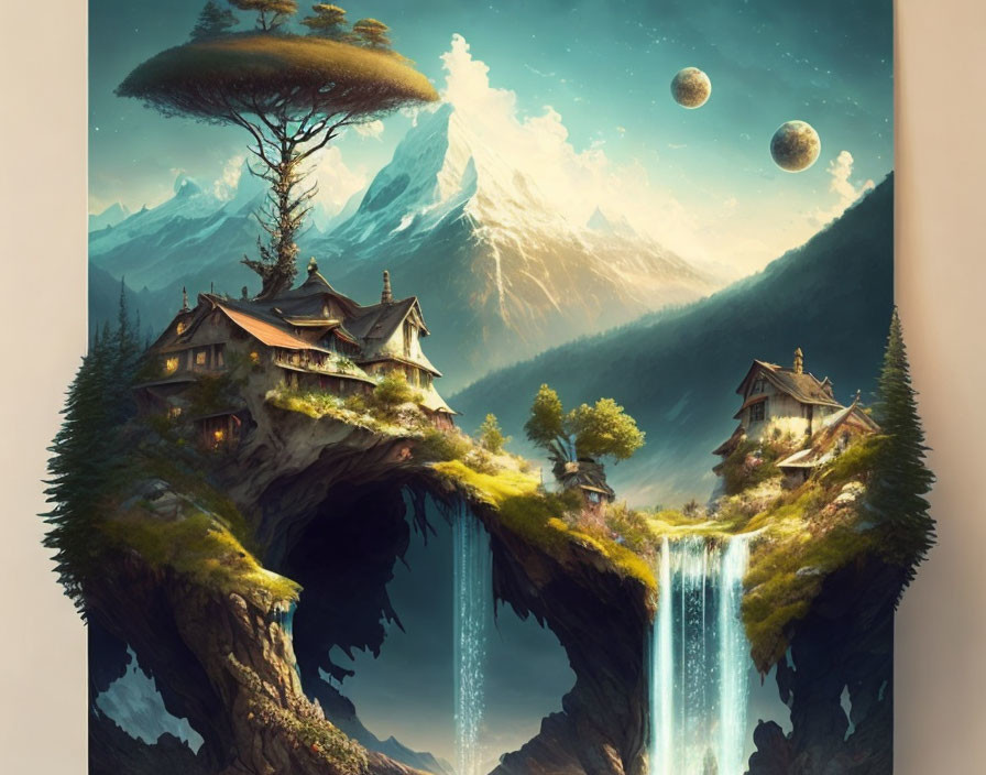 Fantasy landscape: floating islands, waterfalls, giant tree, planets, mountain.