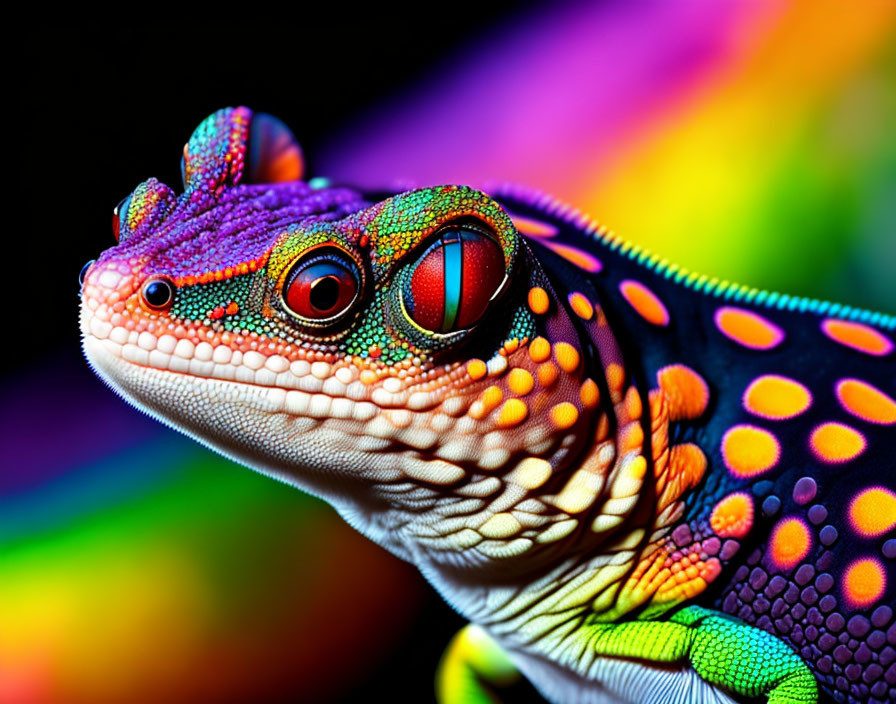 Colorful Gecko Close-Up with Red Eyes on Multi-Colored Background