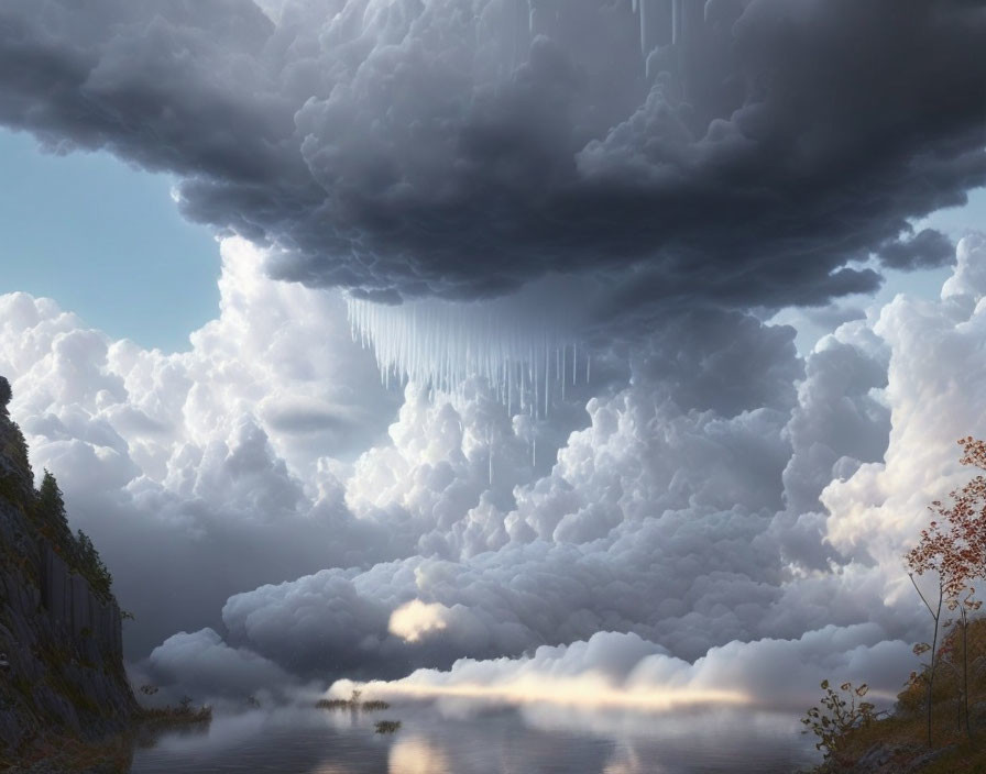 Surreal landscape with heavy clouds, icicle formations, stormy sky, calm waters, rocky