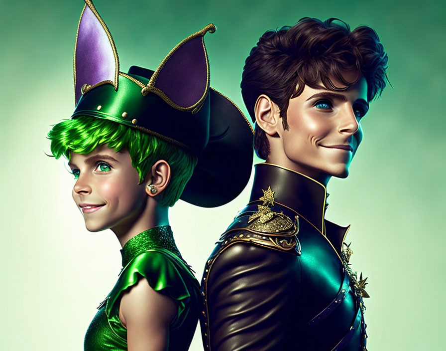 Stylized illustration of boy in green outfit and young man in dark jacket