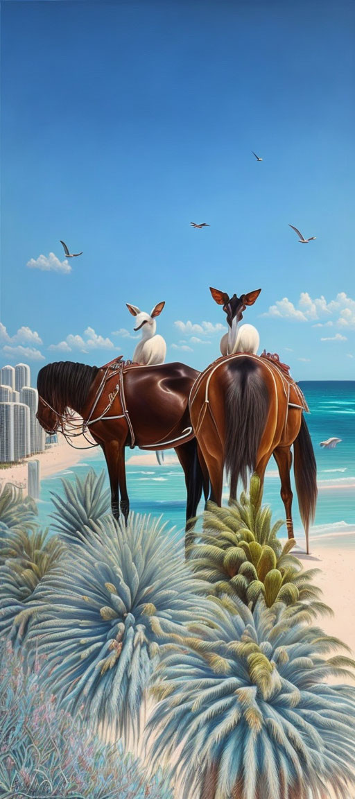 Saddled horses on sandy beach with clear sea and foliage