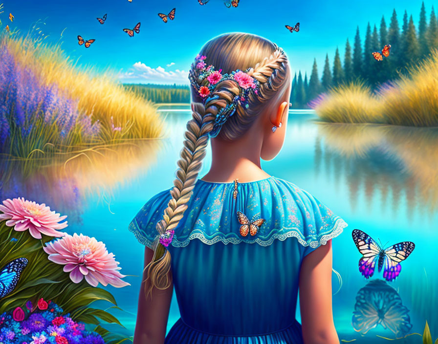 Young girl with flower-adorned braided hairstyle by serene lake and lush vegetation.