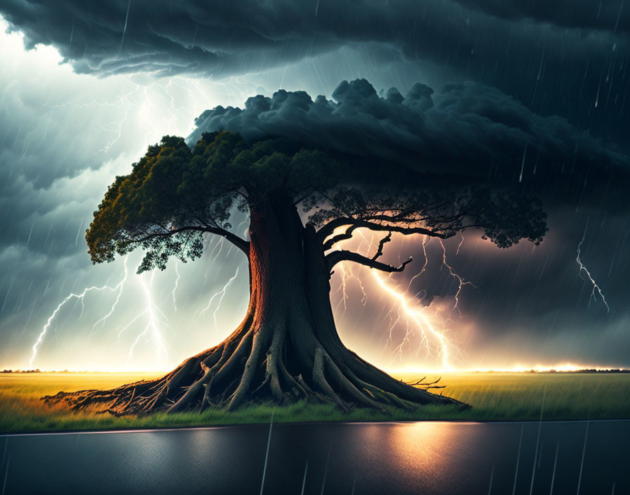 Large tree with thick trunk and stormy canopy under dramatic sky.