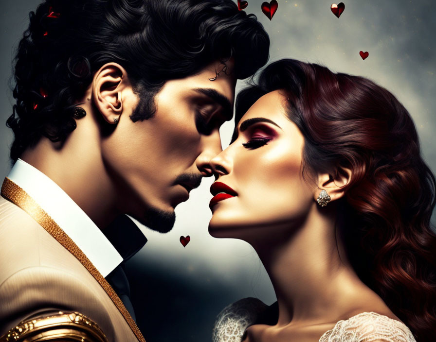 Stylized man and woman about to kiss with floating hearts on dark background