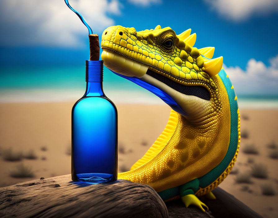 Colorful lizard with bottle on head on sunny beach