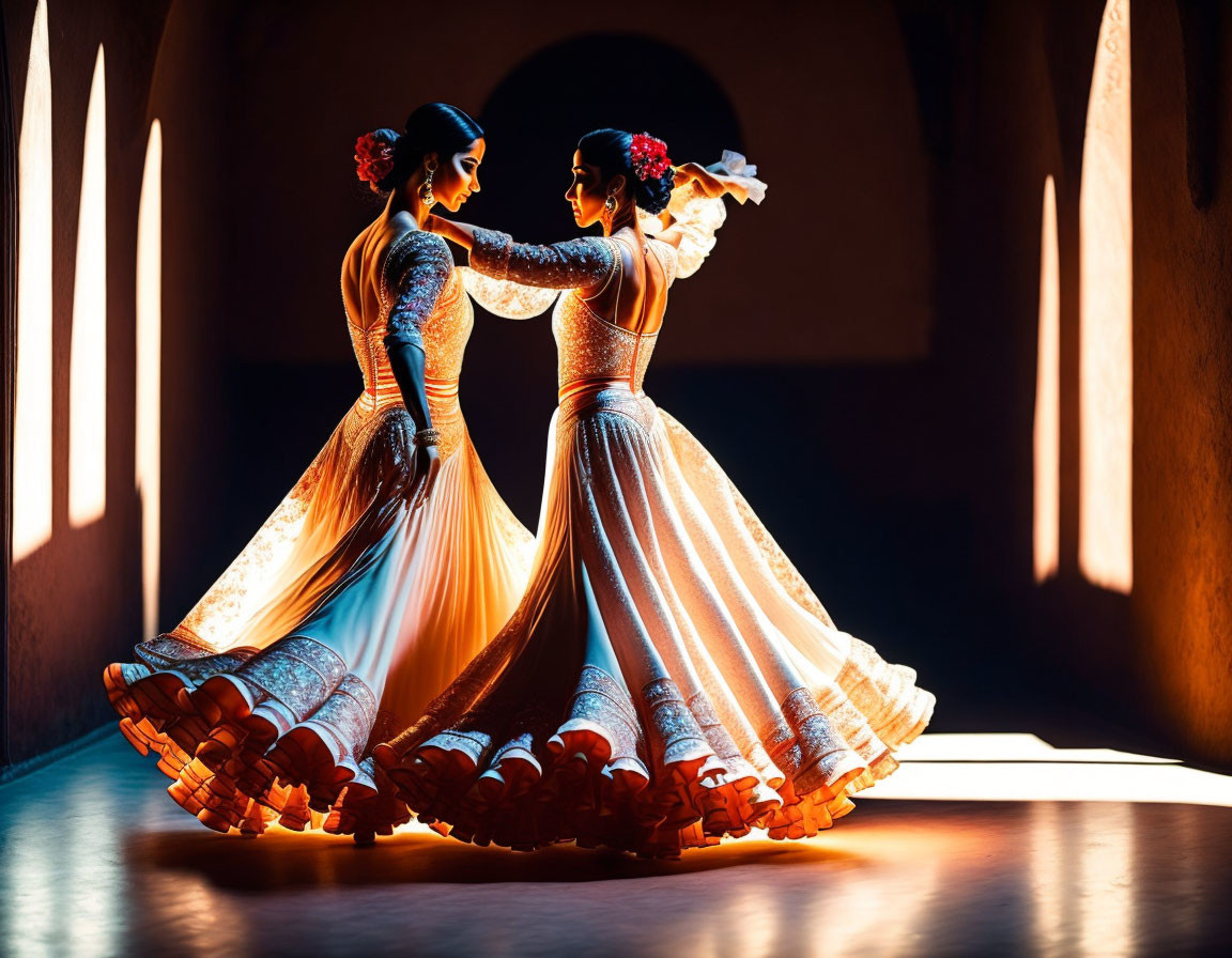 Traditional Indian Attire Dancers Performing Dramatic Lighting