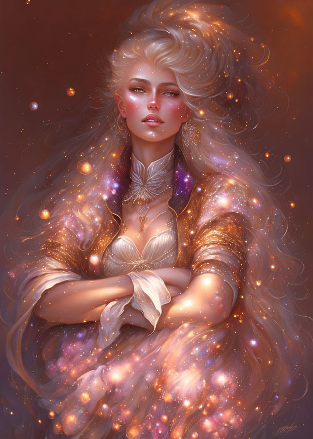 Portrait of a woman with golden hair and starry attire emitting an ethereal glow