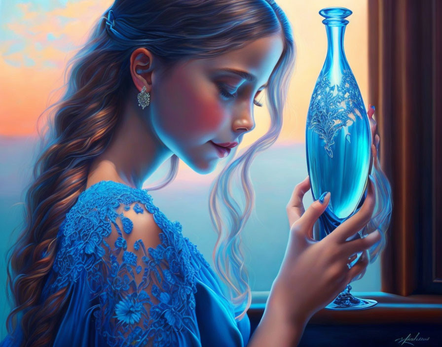 Young woman in blue dress admires decorative vase by window at sunset