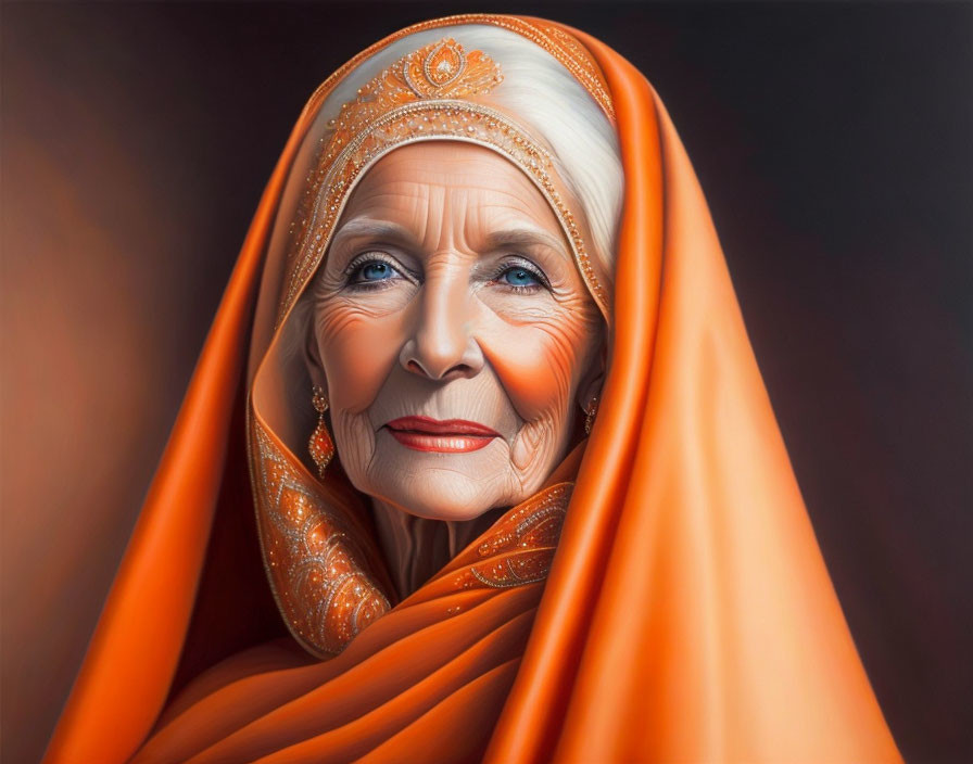 Serene elder woman in orange headscarf with white details