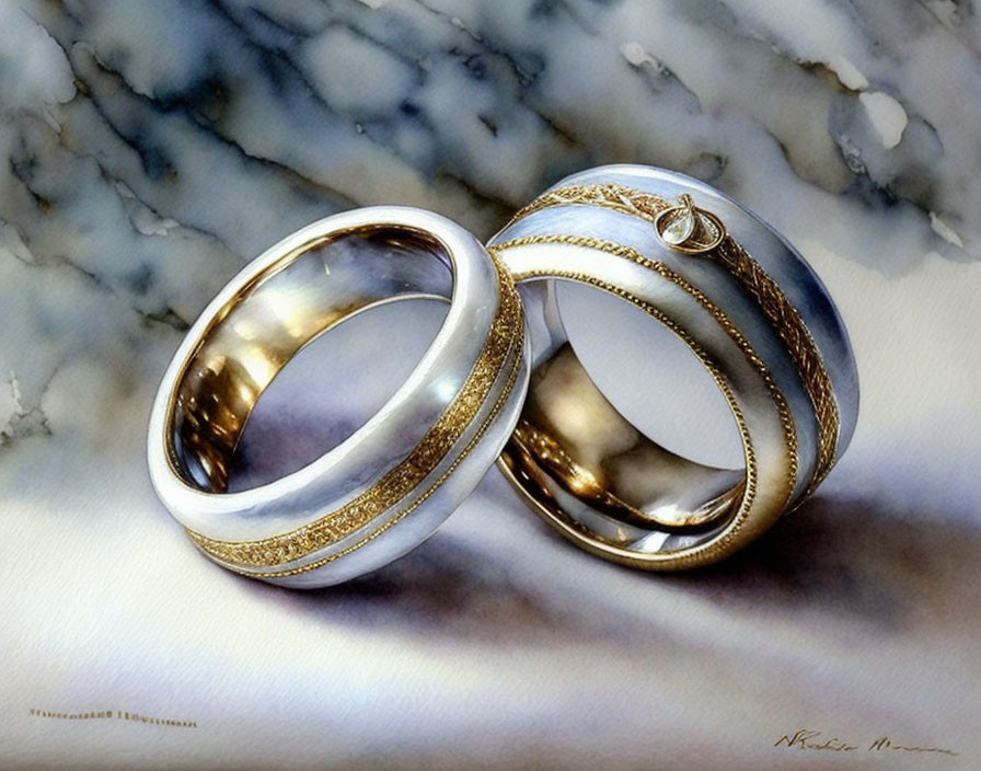 Interlocked gold wedding bands with diamond on marbled backdrop