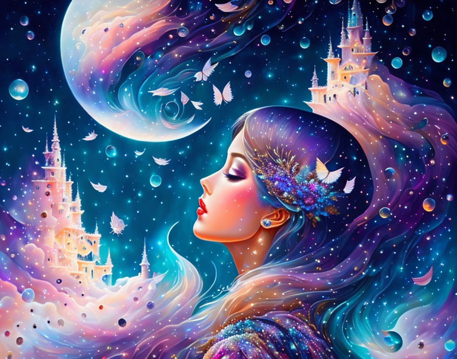 Woman with cosmic theme, starry tiara, butterflies, castle, galactic sky