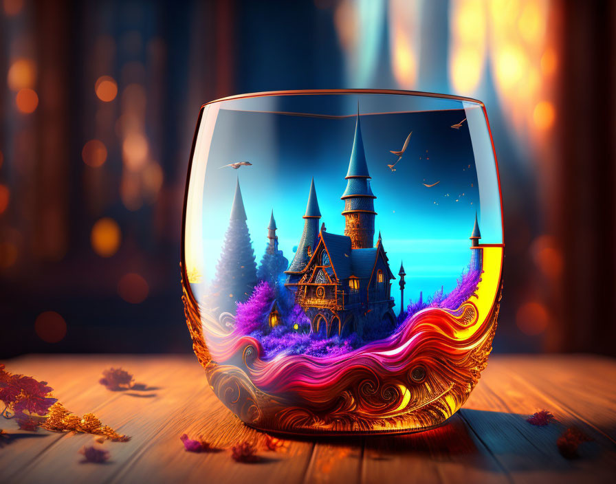 Magical castle in glass on wooden table with warm lighting