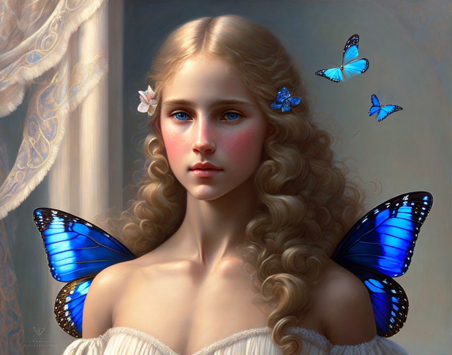 Young woman with long blonde hair and blue butterflies in digital painting