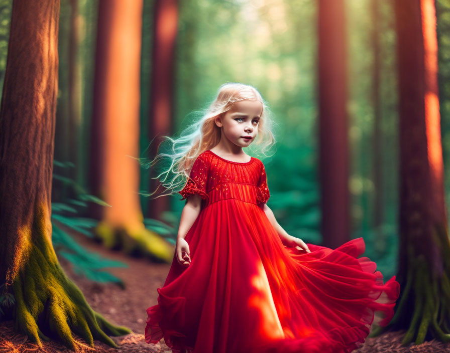 Blonde Girl in Red Dress Standing in Sunlit Forest