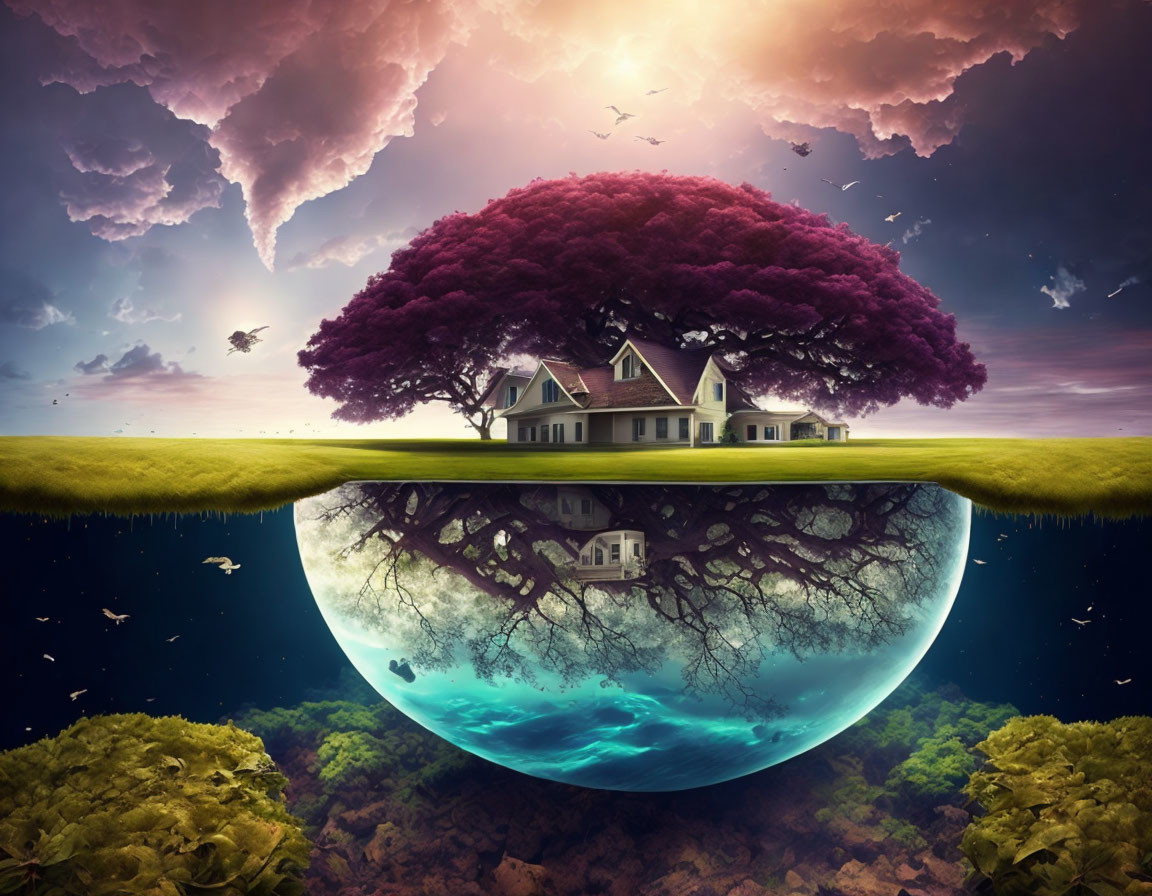 Surreal floating island with house, purple tree, and underwater roots