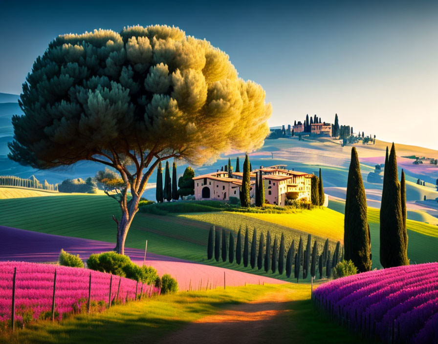 Tuscan sunrise landscape with tree, hills, flowers & villa