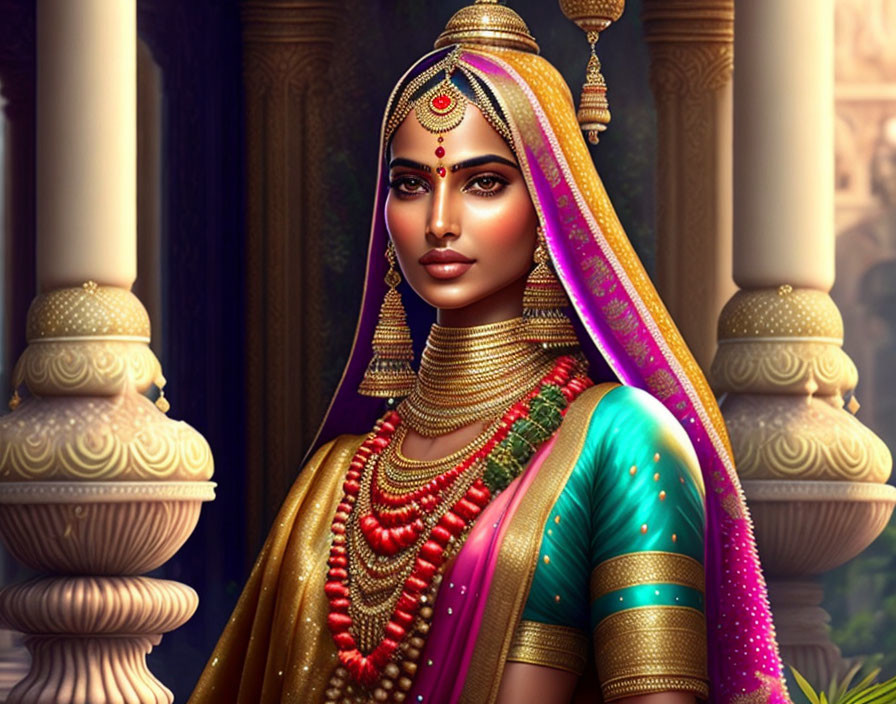 Traditional Indian attire woman with ornate jewelry by elaborate pillars