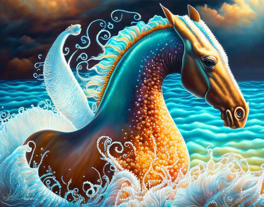 Mythical seahorse with horse head blending into ocean waves