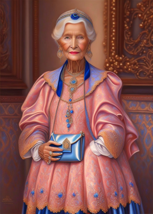 Elderly woman in regal pink gown and jewelry holding clutch