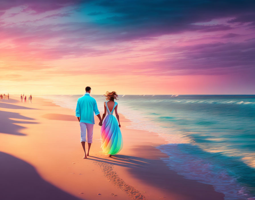 Couple walking on vibrant beach at sunset with colorful skies and tranquil waves