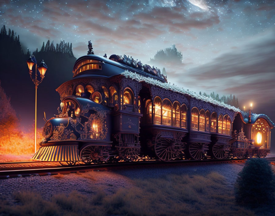 Vintage steam train under starry night sky on forest track with lamppost