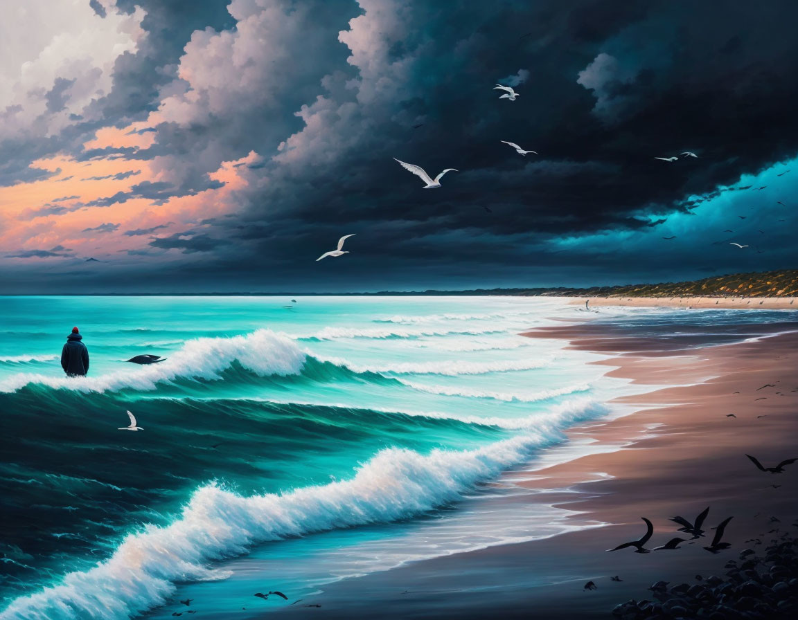 Person on beach watching waves under vibrant sky with dark clouds and flying seagulls