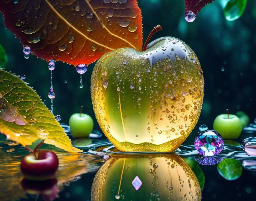 Golden apple, green apples, leaves, crystal, and water droplets on shiny surface