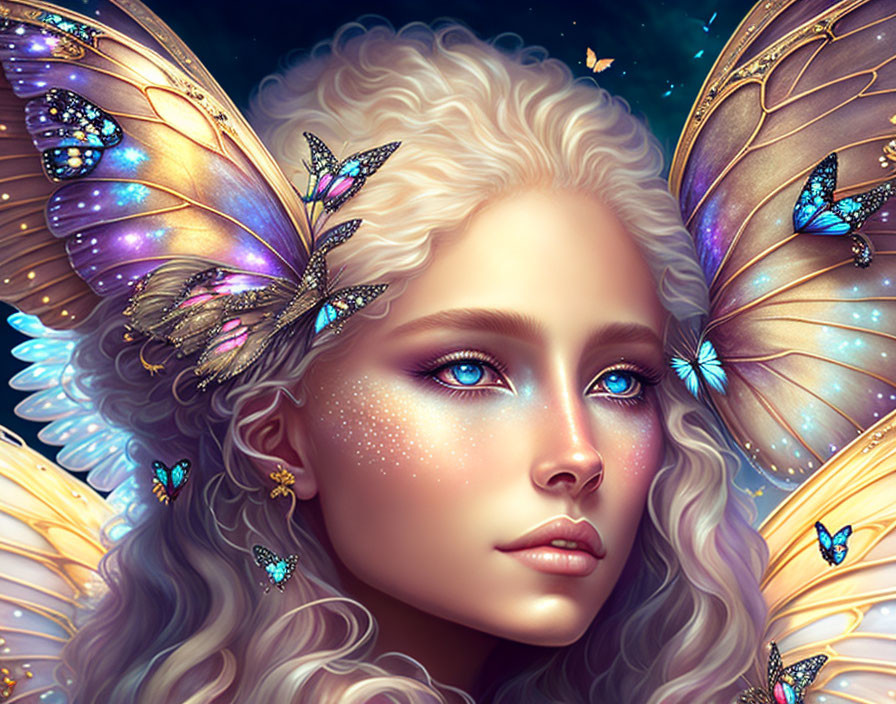 Illustration of woman with golden butterfly wings and blue eyes.